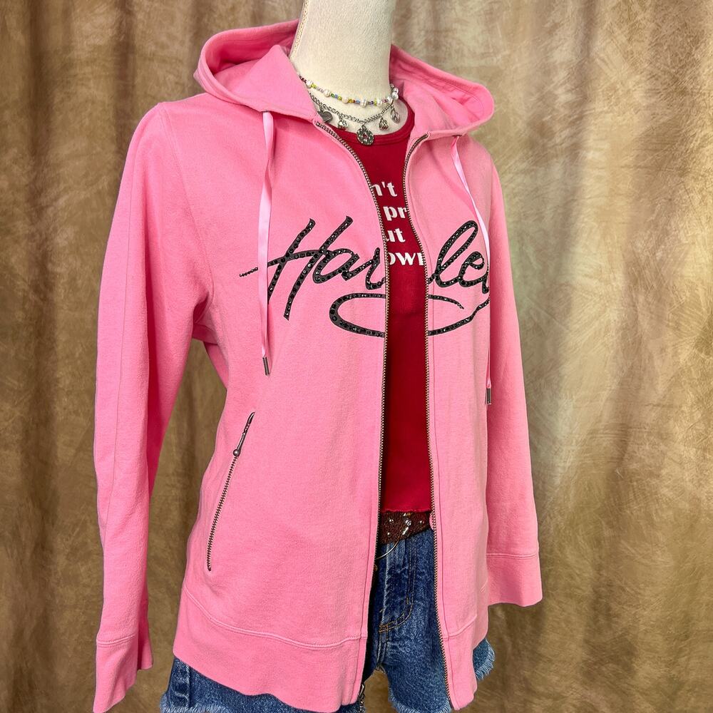 Harley Davidson Rhinestone Hoodie Pink Zip Up Jacket Y2K McBling Indie Biker - Picture 9 of 11